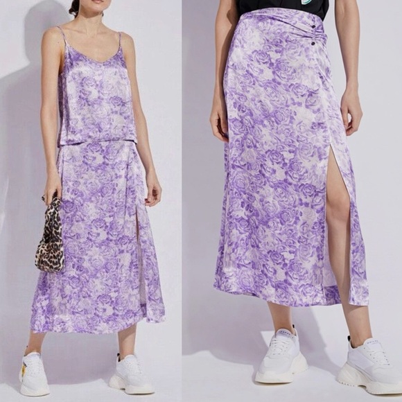 Ganni Floral Printed Midi Skirt & Cami Top Set in Violet - Picture 1 of 13